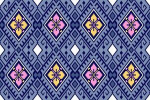 Geometric Thai Ethnic Floral Seamless Pattern in Pixel Art Style.  Vector design for fabric, tile, carpet, wrapping, embroidery, wallpaper, and background