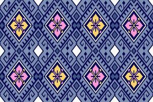 Geometric Thai Ethnic Floral Seamless Pattern in Pixel Art Style.  Vector design for fabric, tile, carpet, wrapping, embroidery, wallpaper, and background