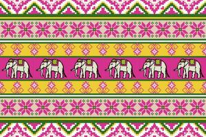 Ethnic Thai Elephant Pixel Art Seamless Pattern in Pink Background.  Vector design for fabric, tile, carpet, embroidery, wallpaper and background
