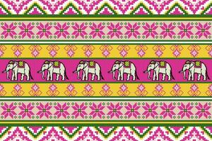 Ethnic Thai Elephant Pixel Art Seamless Pattern in Pink Background.  Vector design for fabric, tile, carpet, embroidery, wallpaper and background