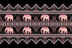 Ethnic Thai Elephant Pixel Art Seamless Pattern on Black Background.  Vector Design for fabric, tile, carpet, embroidery, wallpaper, and background.