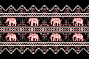 Ethnic Thai Elephant Pixel Art Seamless Pattern on Black Background.  Vector Design for fabric, tile, carpet, embroidery, wallpaper, and background.