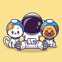 Cute Astronaut With Cat And Pug Dog Cartoon Vector Icon Illustration. Science Animal Icon Concept Isolated Premium Vector. Flat Cartoon Style