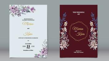 Wedding invitation with various styles of watercolor leaves and maroon background vector