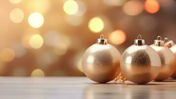 AI generated 3D rendering of glass Christmas bulbs with bokeh background, Christmas ornaments on Christmas tree with gold and white lights photo