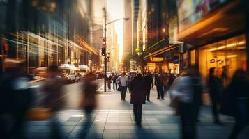 AI generated Blurred abstract photo of many people walking on the sidewalk of a busy downtown street, Urban lifestyle