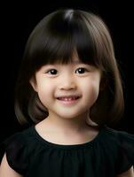 AI generated Portrait of cute and beautiful little japanese girl, smiling expression, isolated black background, AI Generative photo