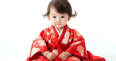 ai generado retrato de japonés bebé niña modelo vistiendo linda kimono, 8 mes antiguo bebé, estudio foto, aislado blanco fondo, para publicidad y web diseño foto