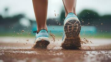 ai generado el espalda ver de un mujer pies en Deportes Zapatos trotar en el campo cuando eso lluvias da el efecto de agua salpicaduras en el suelas de el Zapatos foto