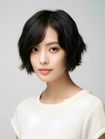 AI generated Portrait of beautiful Japanese woman with short bob haircut, isolated white background, AI Generative photo