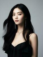 AI generated portrait of beautiful Asian woman with long black hair on isolated background, AI Generative photo