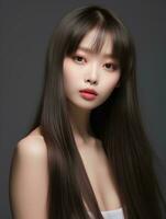 ai generado retrato de hermosa joven coreano mujer con largo Derecho pelo con suave golpes, ai generativo foto