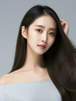 AI generated beautiful young asian woman long straight hair with Korean style makeup and perfect clean skin on isolated white background, AI Generative photo