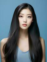 AI generated Young beauty japanese woman long straight hair with Korean style makeup and perfect clean skin on isolated blue background, AI Generative photo