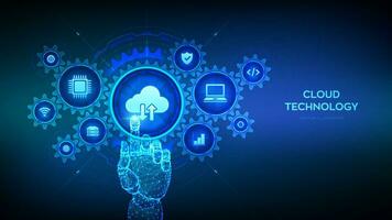 Cloud computing service. Cloud storage connection hi-tech concept. Cloud technology business processes. Wireframe hand touching digital interface with connected gears cogs, icons. Vector illustration.