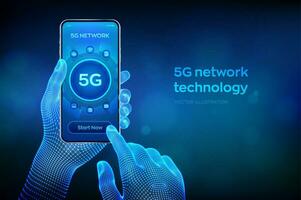 5g red inalámbrico sistemas iot inteligente ciudad comunicación red. 5g inalámbrico móvil Internet Wifi conexión concepto en teléfono inteligente pantalla. de cerca teléfono inteligente en estructura metálica manos. vector ilustración.