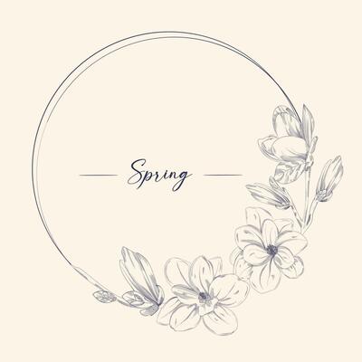Floral background. Hand drawn vector botanical illustration. Template greeting card, wedding invitation banner with spring flowers. Sketch linear magnolia blossom