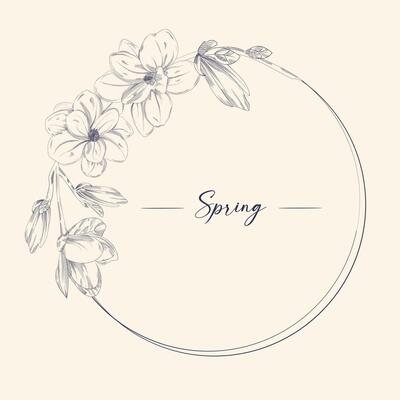 Magnolia Contour Drawing Branch. Circle or Round Frame for Wedding Design. Isolated Vector Elegant Illustration,