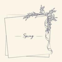Delicate spring branches and bow with ribbon. Hand drawn vector illustration of round floral frame with ribbon on isolated background for greeting cards or wedding invitations.
