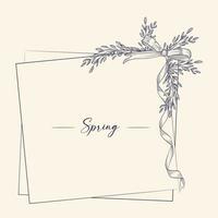 Delicate spring branches and bow with ribbon. Hand drawn vector illustration of round floral frame with ribbon on isolated background for greeting cards or wedding invitations.