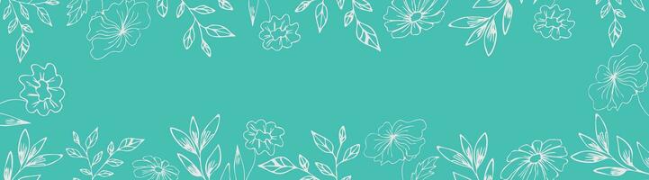 Floral background. Banner with flowers and leaves on a mint background. Template for social networks, poster. vector