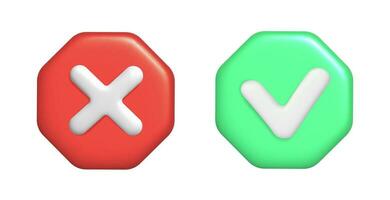 3d rendering of green check and red cross. Vector illustration of right and wrong button