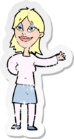 retro distressed sticker of a cartoon woman gesturing to show something png