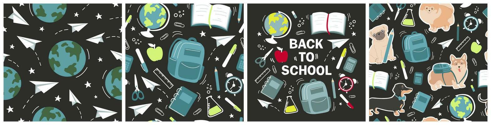 Set of Seamless patterns and cards with cute dogs and school elements - globe, paper clips, backpack, paper planes, pens, books, notebooks. Baby vector illustration.