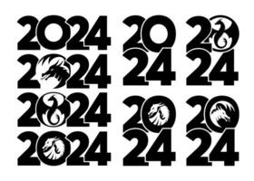 Big Set of logos 2024 with dragons. Icon with the symbol of the year. Simple modern  illustration. Chinese New Year. vector