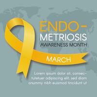 Endometriosis awareness month square card. Yellow ribbon, space for text, world map. Vector flat illustration.