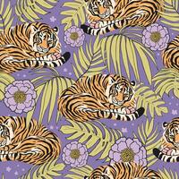 Seamless pattern of tigers, palm leaves, and flowers. Hand-drawn illustration. For wrapping paper, fabric, and wallpaper. vector