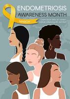 Endometriosis awareness month vertical poster. Yellow ribbon, space for text, world map and diverse women. Vector flat illustration.