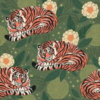 Graphic bright seamless pattern of tigers, palm leaves, and flowers. Beautiful illustration in trendy colors. vector