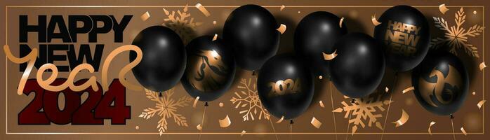 Happy New Year 2024 long banner with dragons, balloons, snowflakes, and congratulatory text in gold and black colors. Vector 3D illustration.