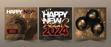 Set of Happy New Year 2024 posters with dragons, balloons, snowflakes, and text in gold, red, and black colors. Vector 3D illustration.