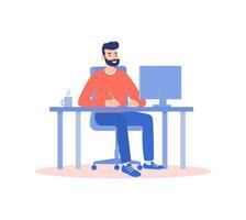 A man working from home at a computer, the concept of remote work, freelancing, self-isolation. vector