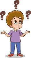 Cartoon boy with question marks on white background. Vector illustration.