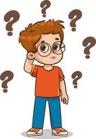 Cartoon boy with question marks on white background. Vector illustration.