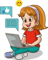 children with laptop and speech bubble. Vector illustration of a cartoon character.