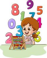 Boy with abacus and numbers. Vector illustration of a child learning math.