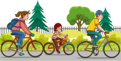 familia montando bicicletas en el parque. vector ilustración en plano estilo.