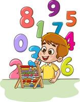 Boy with abacus and numbers. Vector illustration of a child learning math.