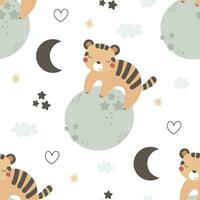 Seamless pattern with cute tiger, planet, decor elements. simple flat vector. Hand drawing for children. animal theme. baby design for fabric, textile, wrapper, print. vector