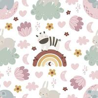 Seamless pattern with cute zebra, bunny, elephant, decor elements. simple flat vector. Hand drawing for children. animal theme. baby design for fabric, textile, wrapper, print. vector