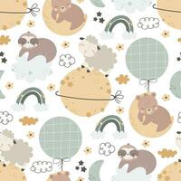 Seamless pattern with cute sloth, bear, sheep, decor elements. simple flat vector. Hand drawing for children. animal theme. baby design for fabric, textile, wrapper, print. vector