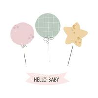 Hello baby. balloons, hand drawing lettering, decor elements. festive simple vector illustration. design for greeting cards.