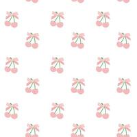 Cute coquette cherries adroned with pink ribbon bow pattern seamless isolated on white background. vector