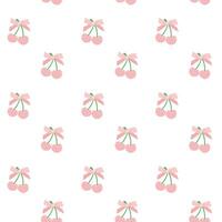 Cute coquette cherries adroned with pink ribbon bow pattern seamless isolated on white background. vector