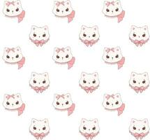 Cute coquette cat face adroned with pink ribbon bow pattern seamless isolated on white background. vector