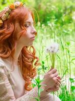 Dreamy woman with dandelions photo